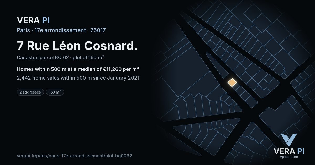 7 Rue Léon Cosnard, 17e arrondissement at night – the plot lit, the parcels around coloured by the prices near them