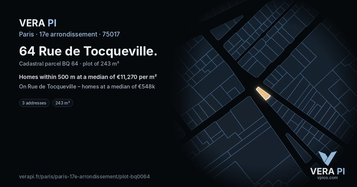 64 Rue de Tocqueville, 17e arrondissement at night – the plot lit, the parcels around coloured by the prices near them