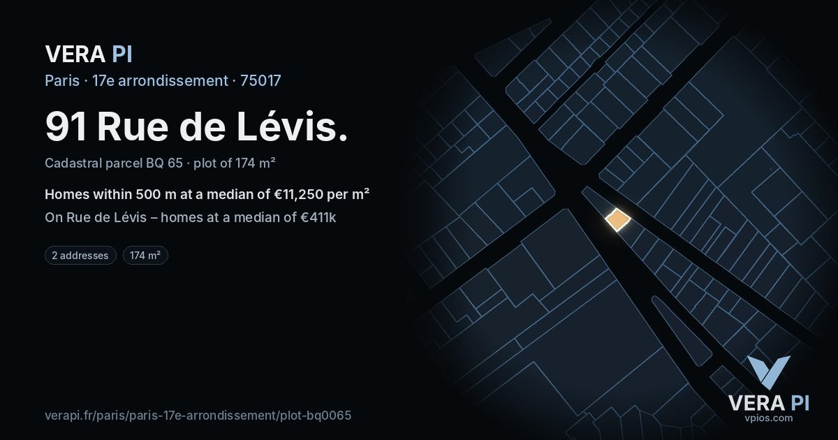 91 Rue de Lévis, 17e arrondissement at night – the plot lit, the parcels around coloured by the prices near them