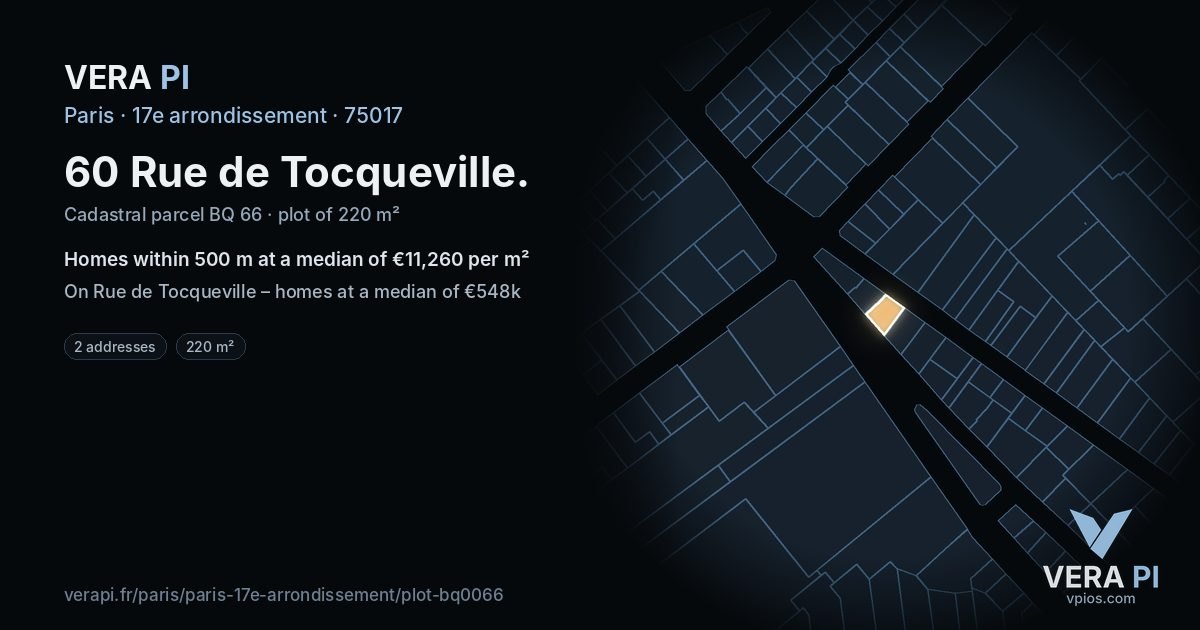 60 Rue de Tocqueville, 17e arrondissement at night – the plot lit, the parcels around coloured by the prices near them