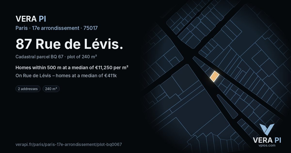 87 Rue de Lévis, 17e arrondissement at night – the plot lit, the parcels around coloured by the prices near them