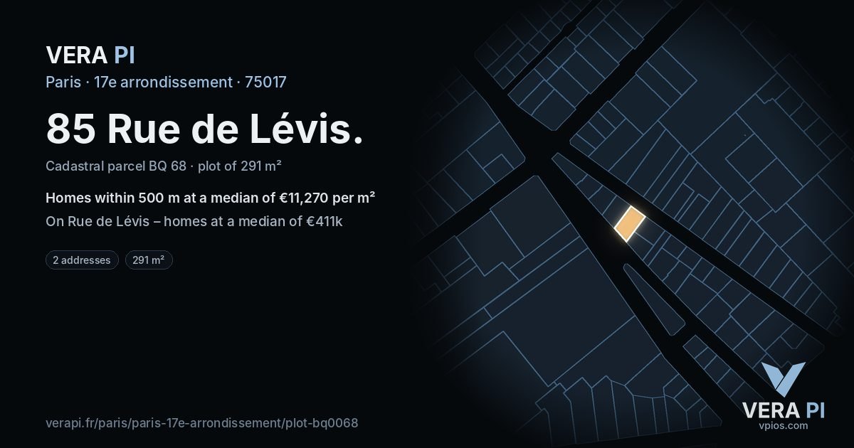 85 Rue de Lévis, 17e arrondissement at night – the plot lit, the parcels around coloured by the prices near them