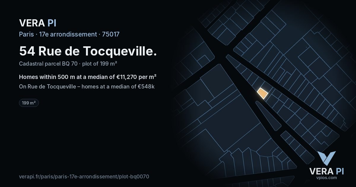 54 Rue de Tocqueville, 17e arrondissement at night – the plot lit, the parcels around coloured by the prices near them