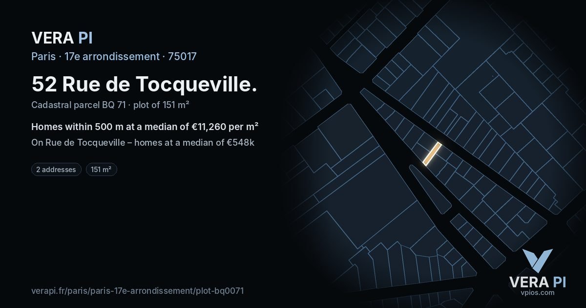 52 Rue de Tocqueville, 17e arrondissement at night – the plot lit, the parcels around coloured by the prices near them