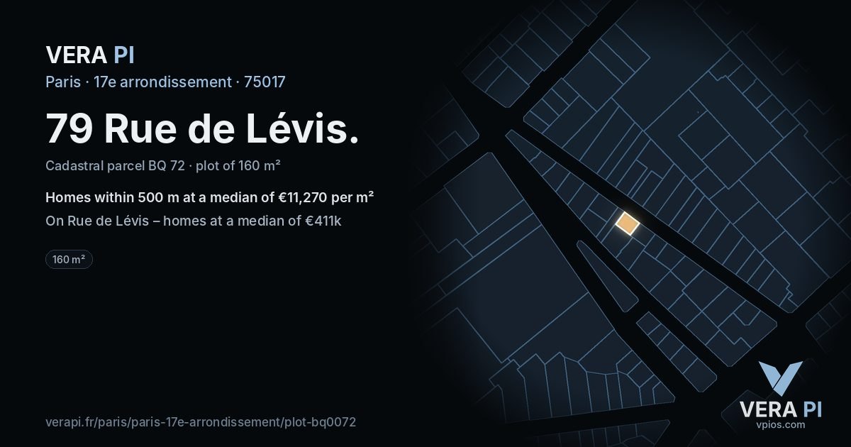 79 Rue de Lévis, 17e arrondissement at night – the plot lit, the parcels around coloured by the prices near them
