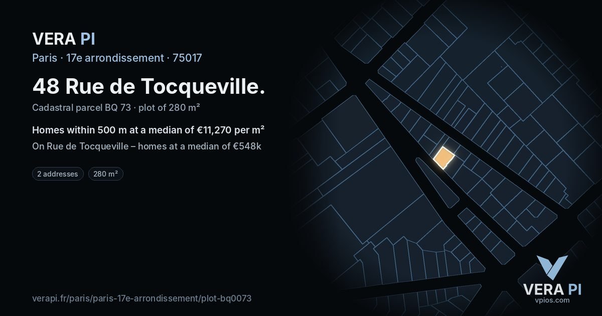 48 Rue de Tocqueville, 17e arrondissement at night – the plot lit, the parcels around coloured by the prices near them