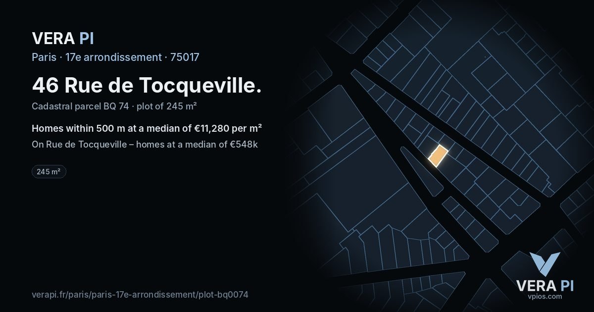 46 Rue de Tocqueville, 17e arrondissement at night – the plot lit, the parcels around coloured by the prices near them