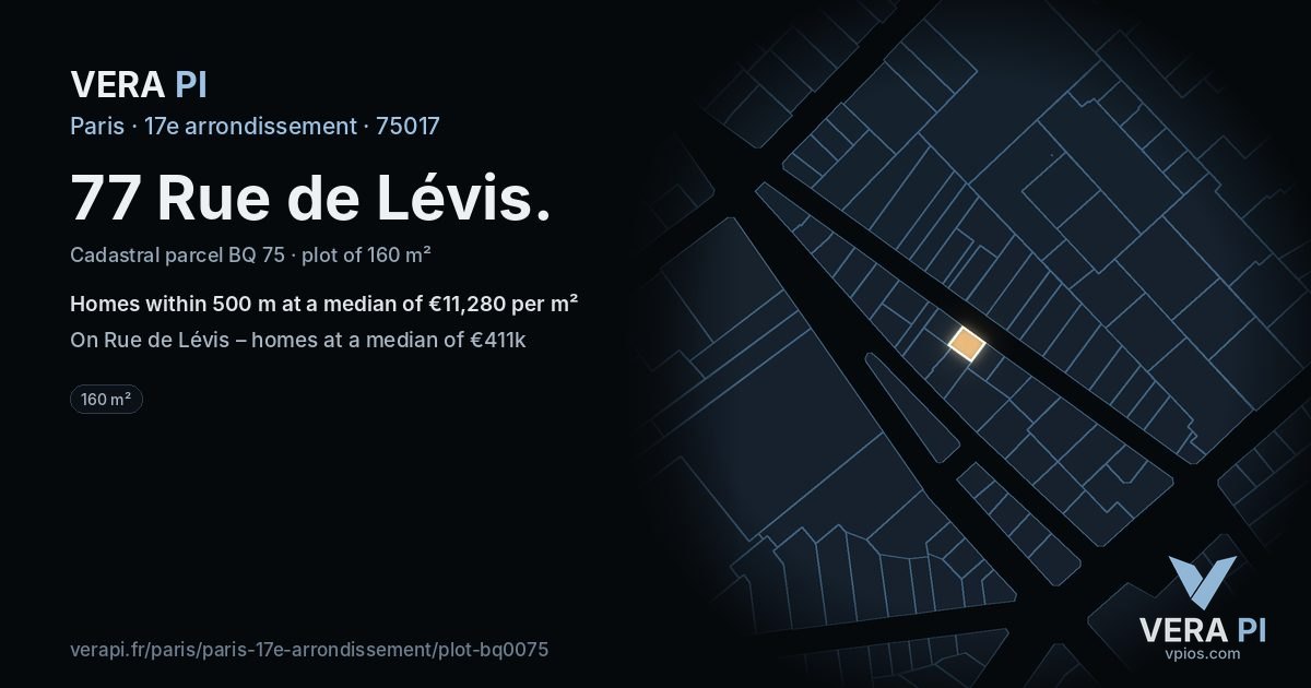 77 Rue de Lévis, 17e arrondissement at night – the plot lit, the parcels around coloured by the prices near them