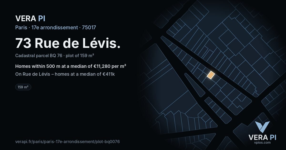 73 Rue de Lévis, 17e arrondissement at night – the plot lit, the parcels around coloured by the prices near them