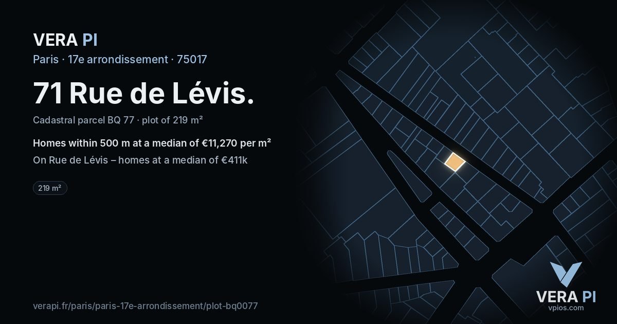 71 Rue de Lévis, 17e arrondissement at night – the plot lit, the parcels around coloured by the prices near them