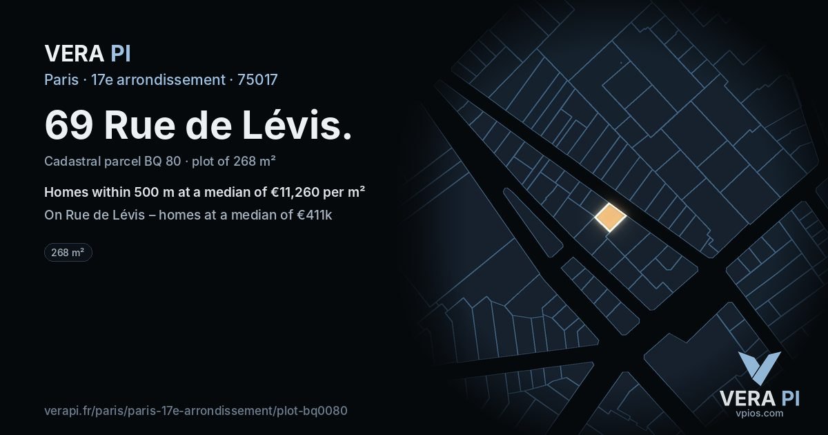 69 Rue de Lévis, 17e arrondissement at night – the plot lit, the parcels around coloured by the prices near them
