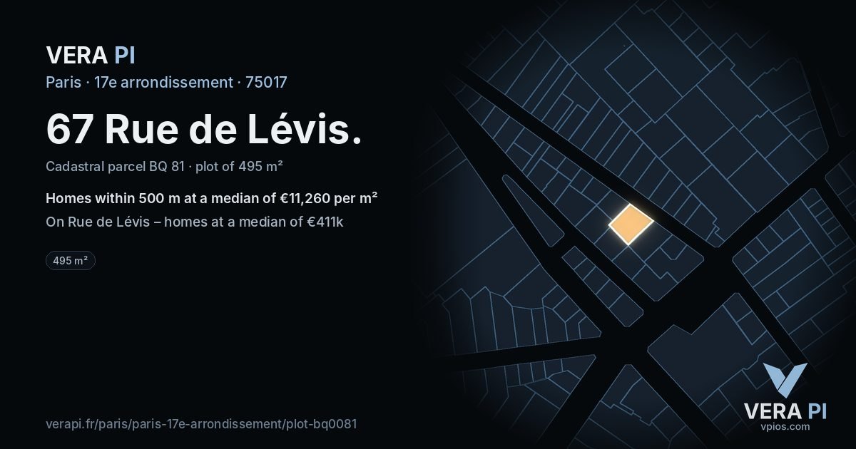 67 Rue de Lévis, 17e arrondissement at night – the plot lit, the parcels around coloured by the prices near them