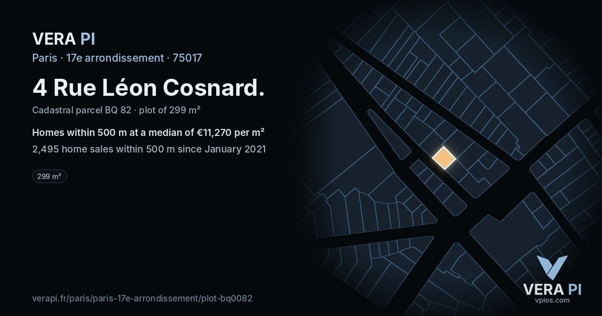 4 Rue Léon Cosnard, 17e arrondissement at night – the plot lit, the parcels around coloured by the prices near them