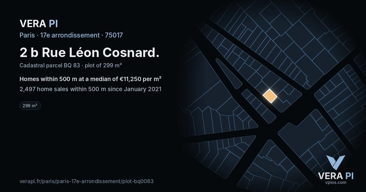 2 b Rue Léon Cosnard, 17e arrondissement at night – the plot lit, the parcels around coloured by the prices near them