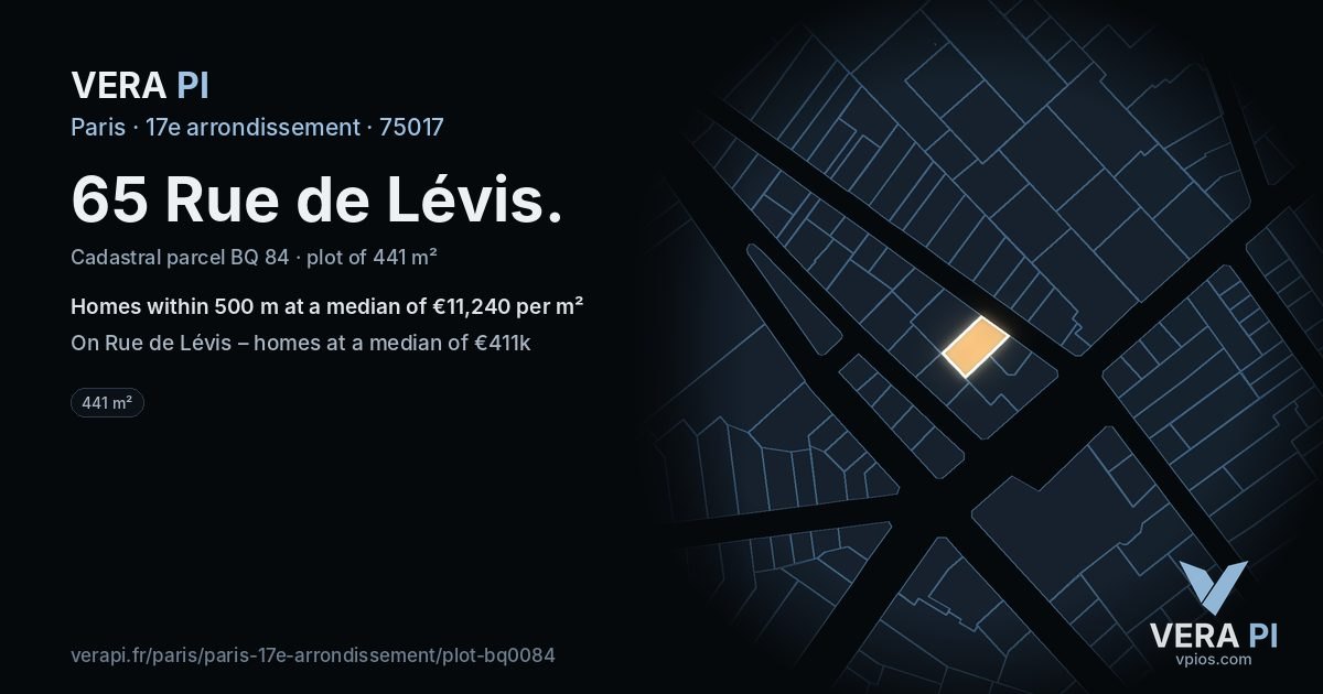 65 Rue de Lévis, 17e arrondissement at night – the plot lit, the parcels around coloured by the prices near them