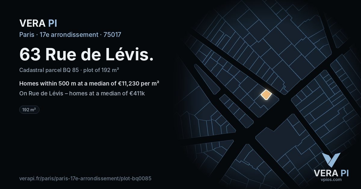 63 Rue de Lévis, 17e arrondissement at night – the plot lit, the parcels around coloured by the prices near them