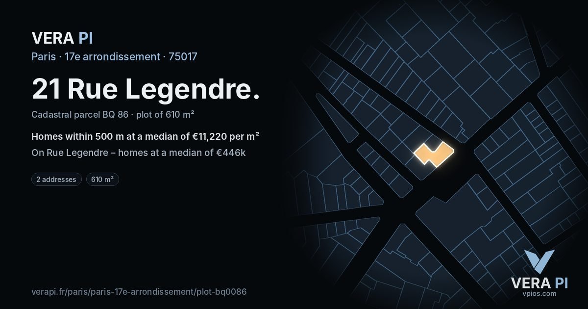 21 Rue Legendre, 17e arrondissement at night – the plot lit, the parcels around coloured by the prices near them
