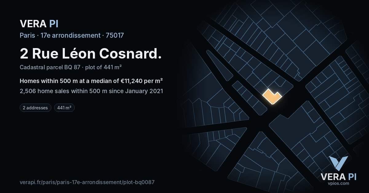 2 Rue Léon Cosnard, 17e arrondissement at night – the plot lit, the parcels around coloured by the prices near them