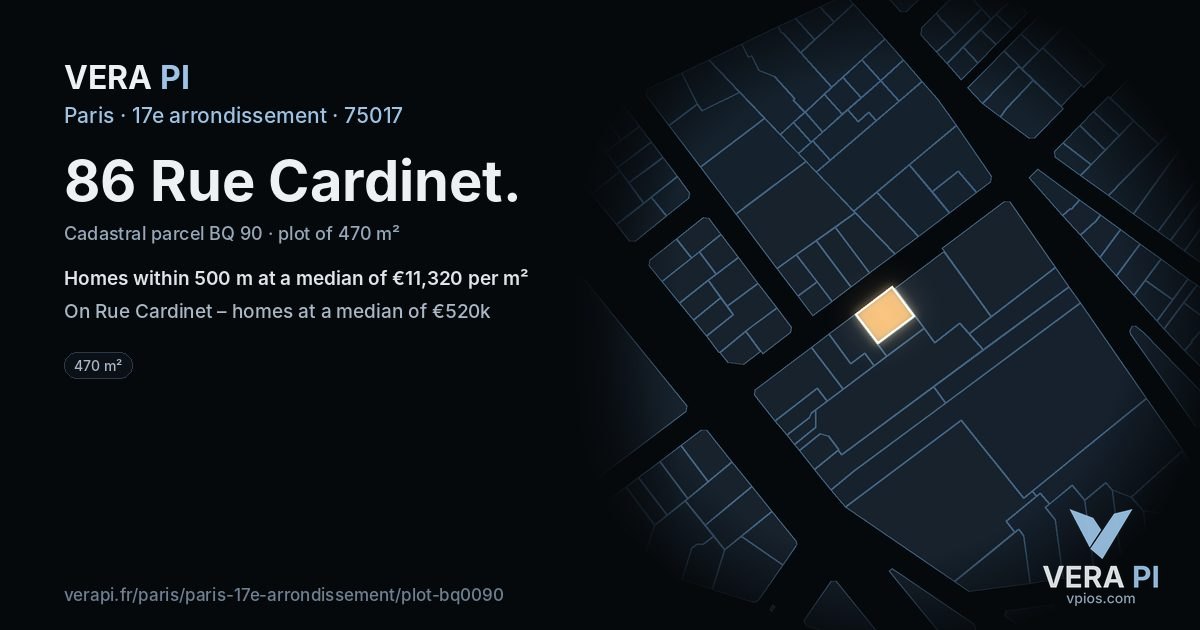 86 Rue Cardinet, 17e arrondissement at night – the plot lit, the parcels around coloured by the prices near them