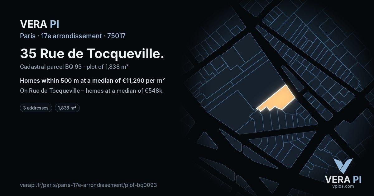 35 Rue de Tocqueville, 17e arrondissement at night – the plot lit, the parcels around coloured by the prices near them