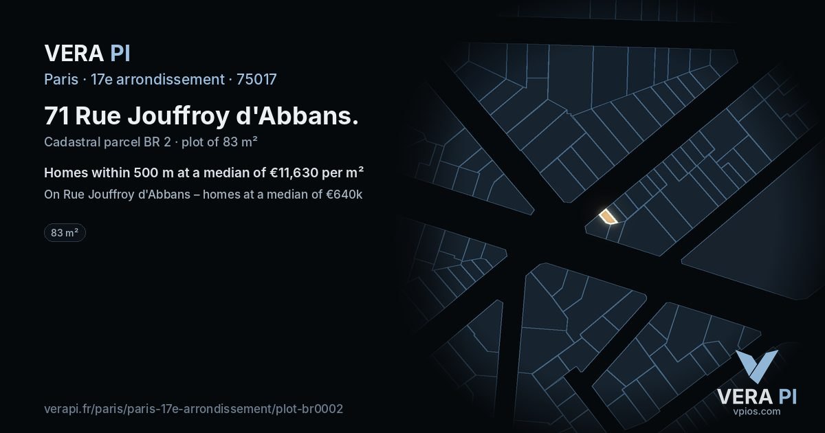 71 Rue Jouffroy d'Abbans, 17e arrondissement at night – the plot lit, the parcels around coloured by the prices near them