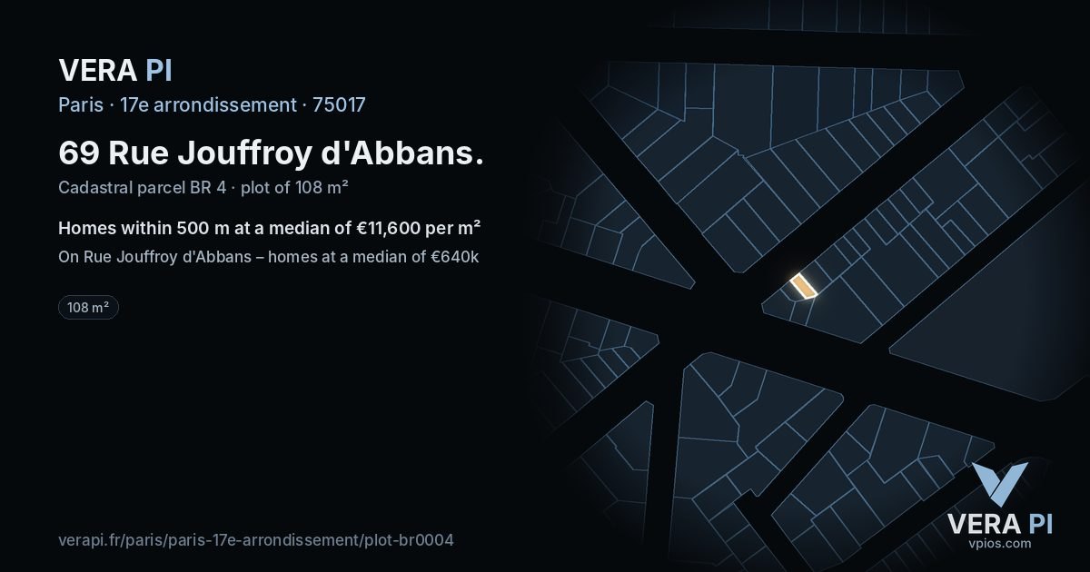 69 Rue Jouffroy d'Abbans, 17e arrondissement at night – the plot lit, the parcels around coloured by the prices near them