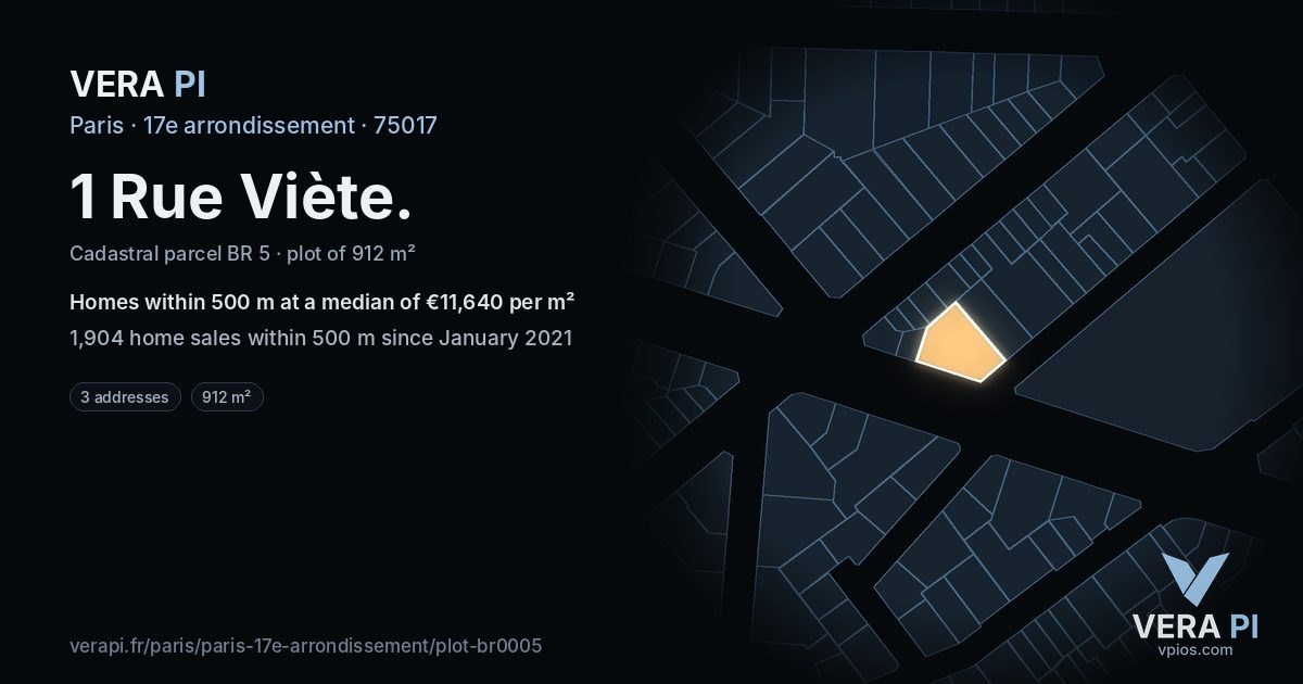 1 Rue Viète, 17e arrondissement at night – the plot lit, the parcels around coloured by the prices near them