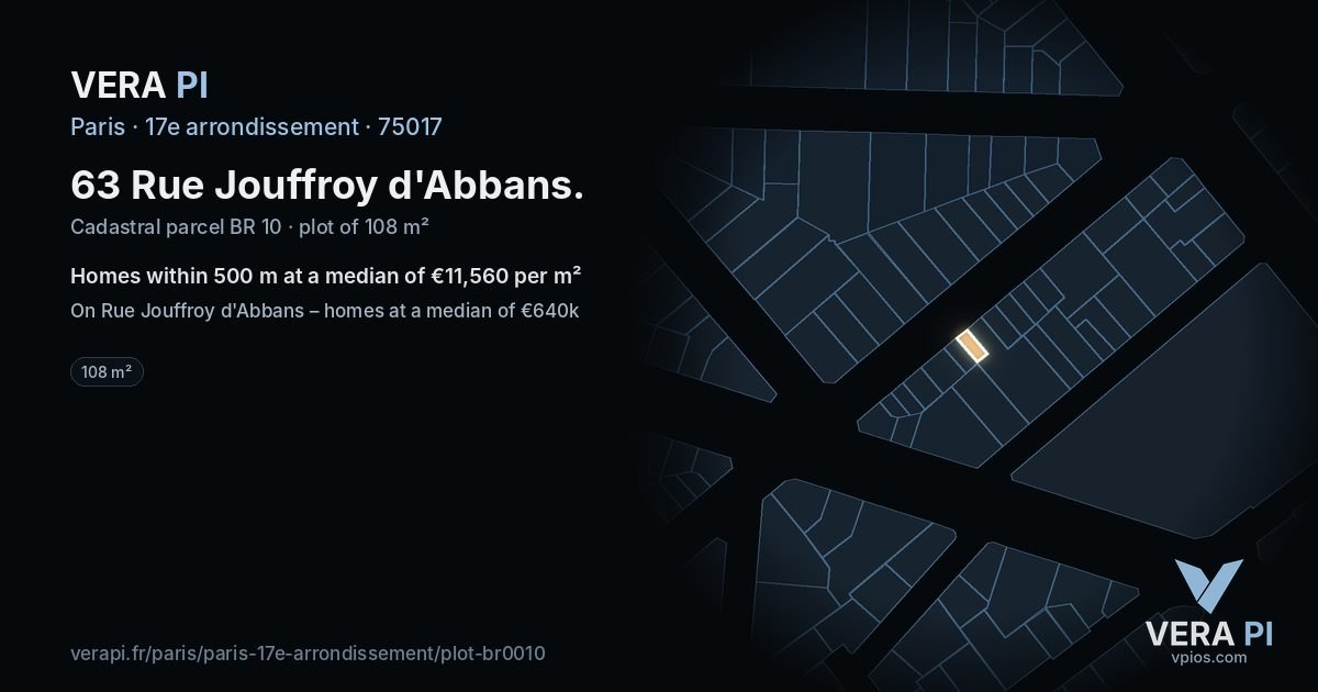 63 Rue Jouffroy d'Abbans, 17e arrondissement at night – the plot lit, the parcels around coloured by the prices near them