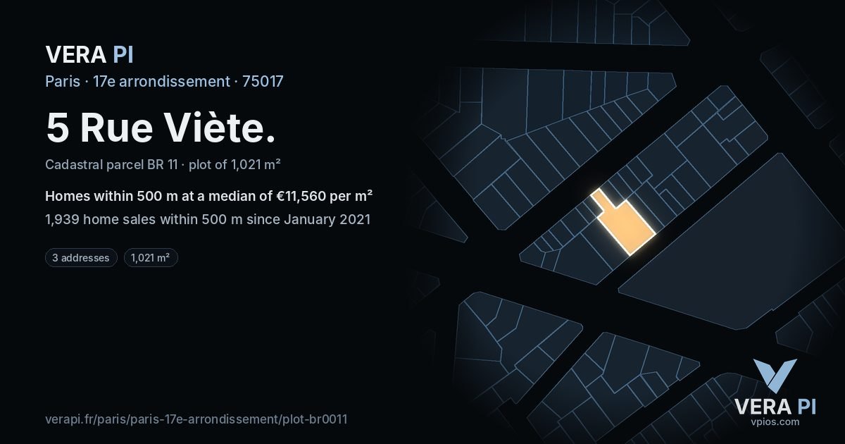 5 Rue Viète, 17e arrondissement at night – the plot lit, the parcels around coloured by the prices near them