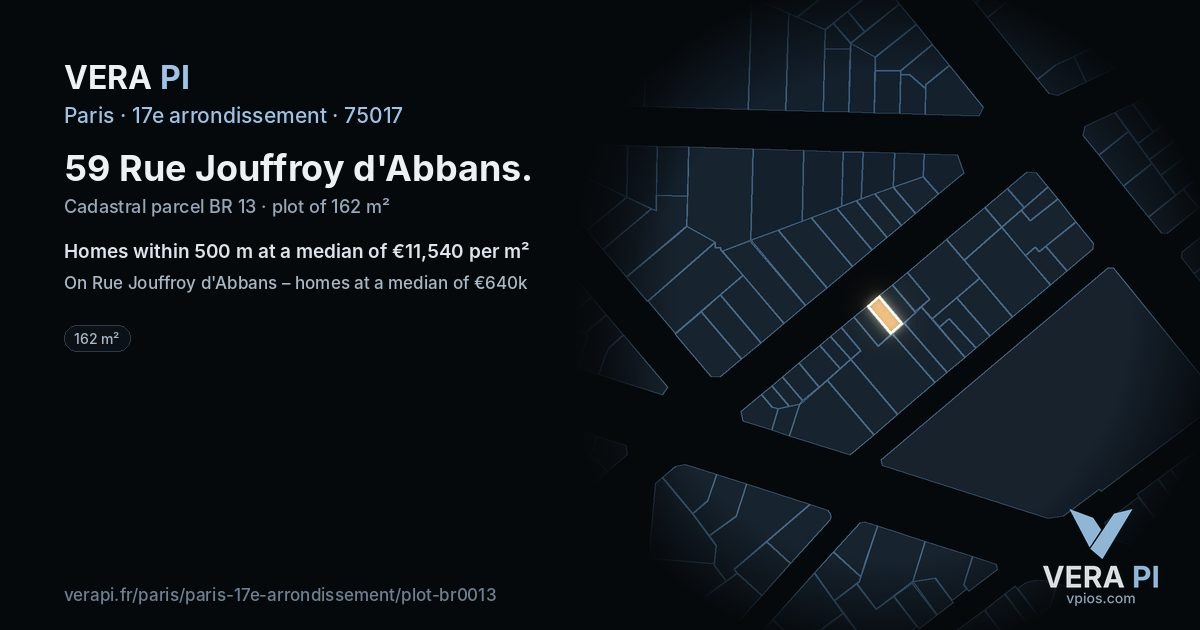 59 Rue Jouffroy d'Abbans, 17e arrondissement at night – the plot lit, the parcels around coloured by the prices near them