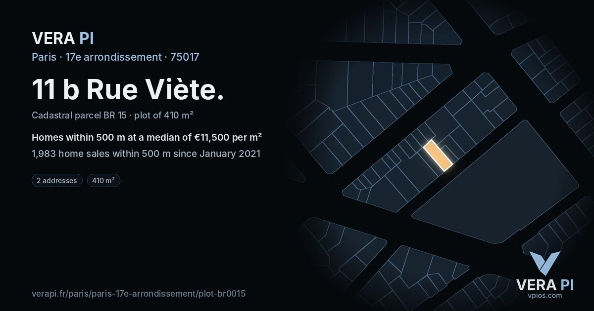 11 b Rue Viète, 17e arrondissement at night – the plot lit, the parcels around coloured by the prices near them
