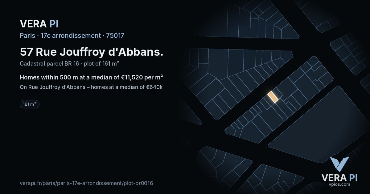 57 Rue Jouffroy d'Abbans, 17e arrondissement at night – the plot lit, the parcels around coloured by the prices near them
