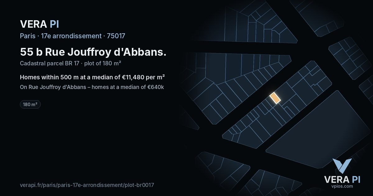 55 b Rue Jouffroy d'Abbans, 17e arrondissement at night – the plot lit, the parcels around coloured by the prices near them