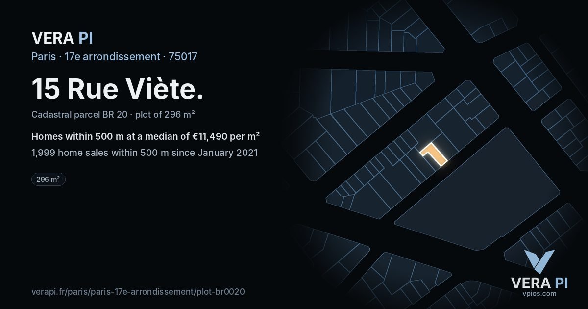 15 Rue Viète, 17e arrondissement at night – the plot lit, the parcels around coloured by the prices near them