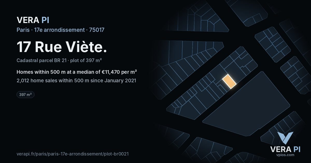 17 Rue Viète, 17e arrondissement at night – the plot lit, the parcels around coloured by the prices near them