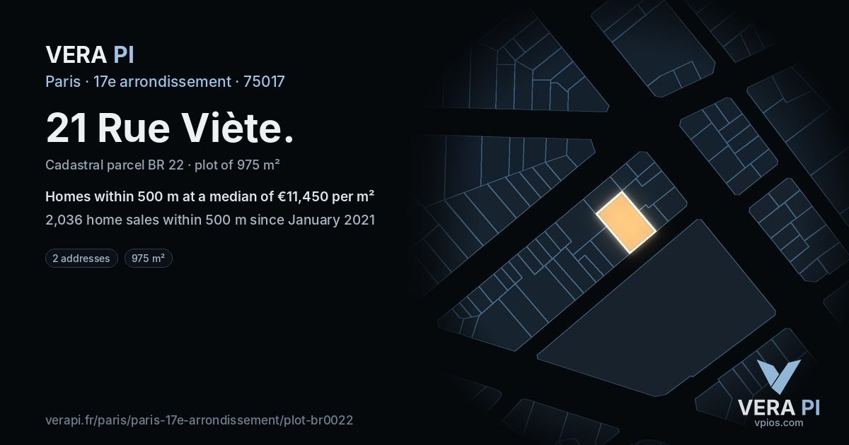 21 Rue Viète, 17e arrondissement at night – the plot lit, the parcels around coloured by the prices near them