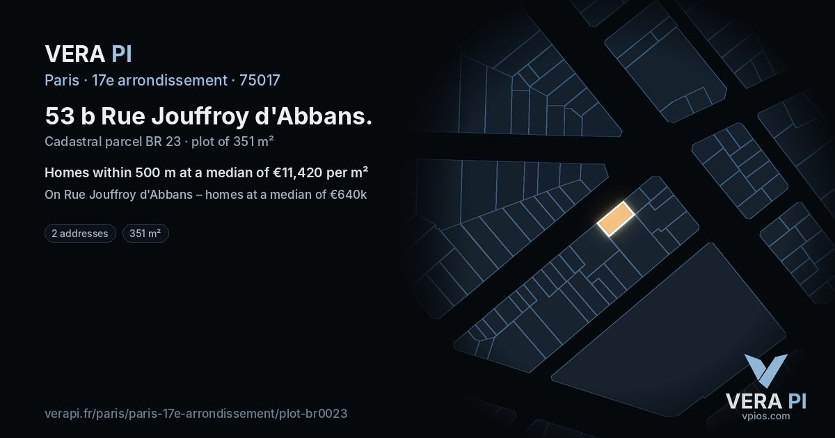 53 b Rue Jouffroy d'Abbans, 17e arrondissement at night – the plot lit, the parcels around coloured by the prices near them
