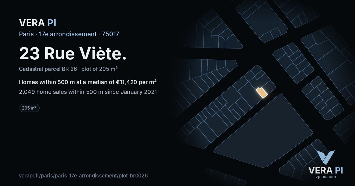 23 Rue Viète, 17e arrondissement at night – the plot lit, the parcels around coloured by the prices near them