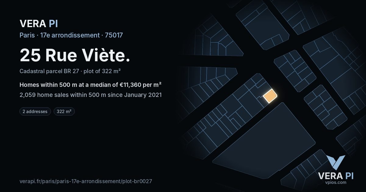 25 Rue Viète, 17e arrondissement at night – the plot lit, the parcels around coloured by the prices near them