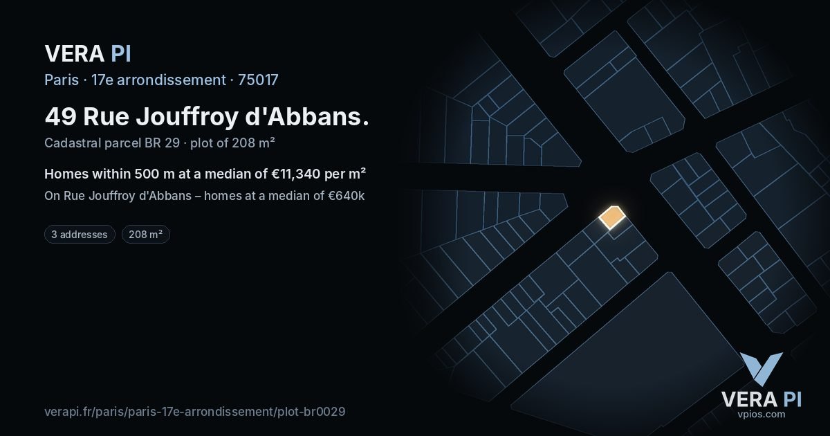 49 Rue Jouffroy d'Abbans, 17e arrondissement at night – the plot lit, the parcels around coloured by the prices near them