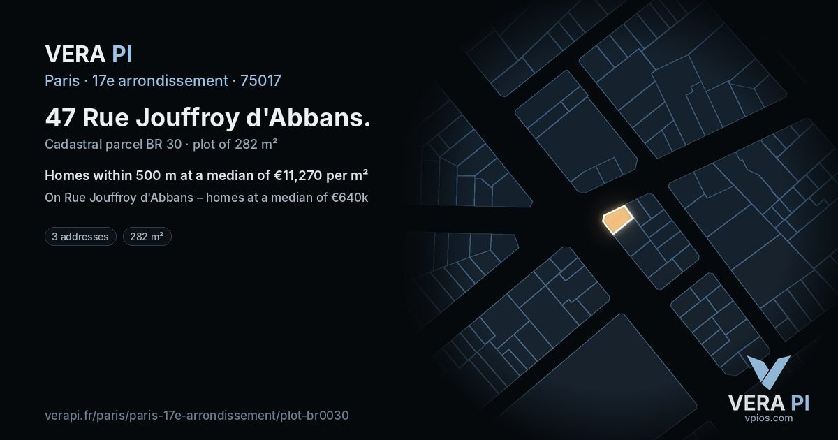 47 Rue Jouffroy d'Abbans, 17e arrondissement at night – the plot lit, the parcels around coloured by the prices near them