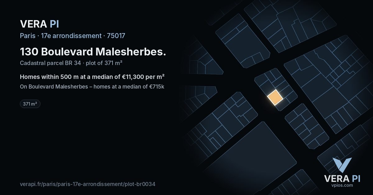 130 Boulevard Malesherbes, 17e arrondissement at night – the plot lit, the parcels around coloured by the prices near them