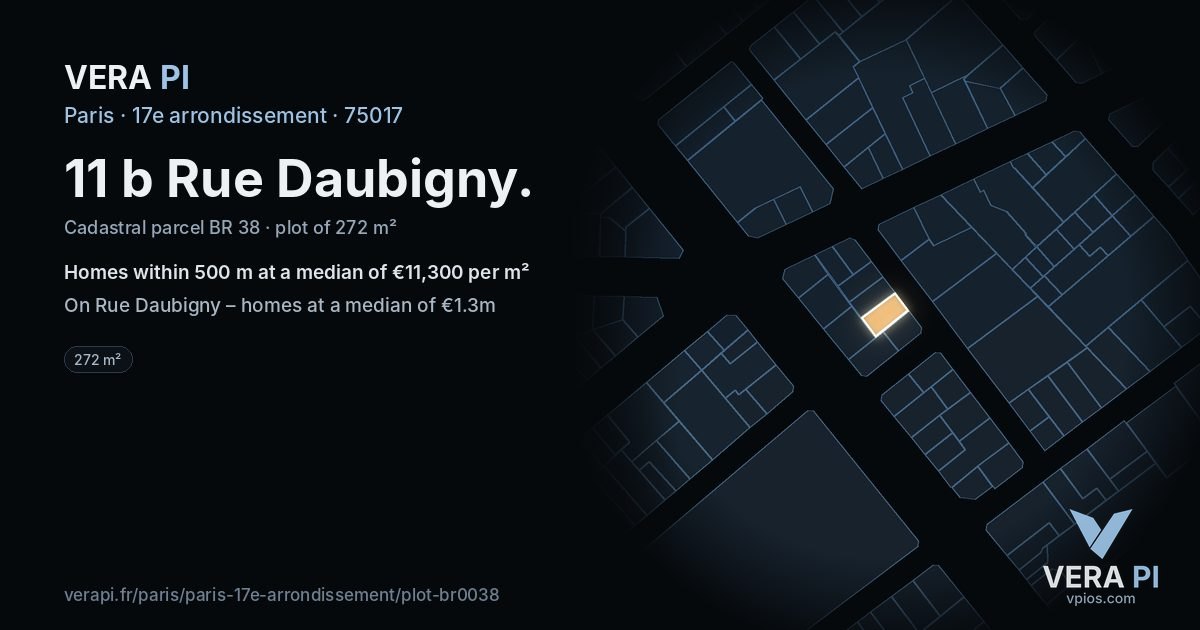 11 b Rue Daubigny, 17e arrondissement at night – the plot lit, the parcels around coloured by the prices near them