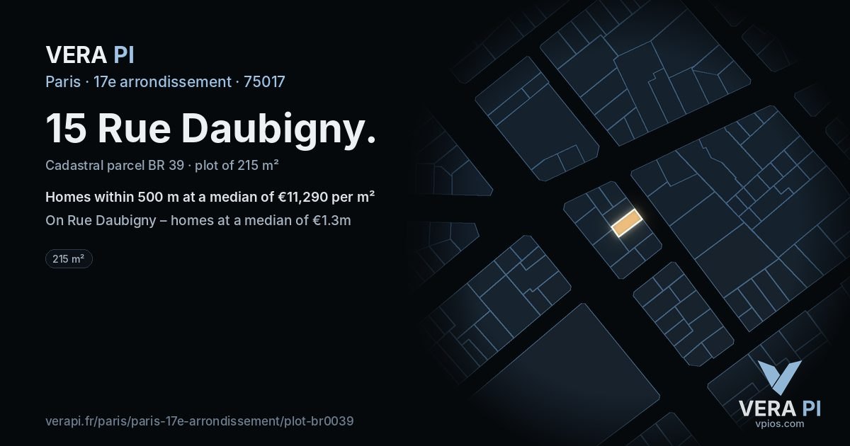 15 Rue Daubigny, 17e arrondissement at night – the plot lit, the parcels around coloured by the prices near them