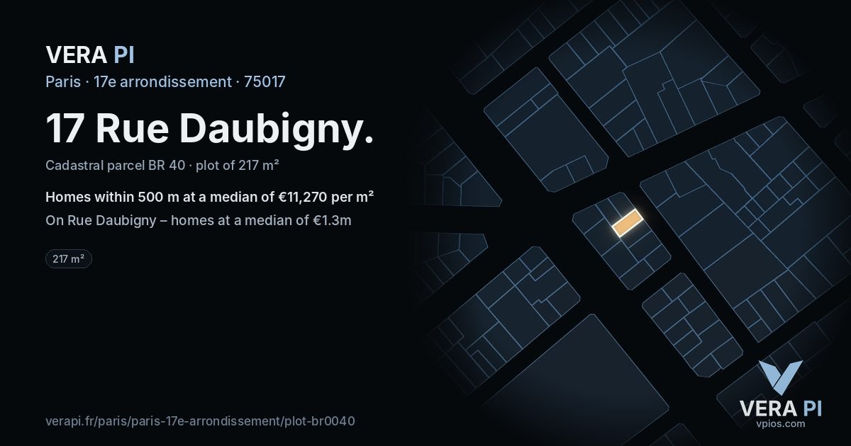 17 Rue Daubigny, 17e arrondissement at night – the plot lit, the parcels around coloured by the prices near them
