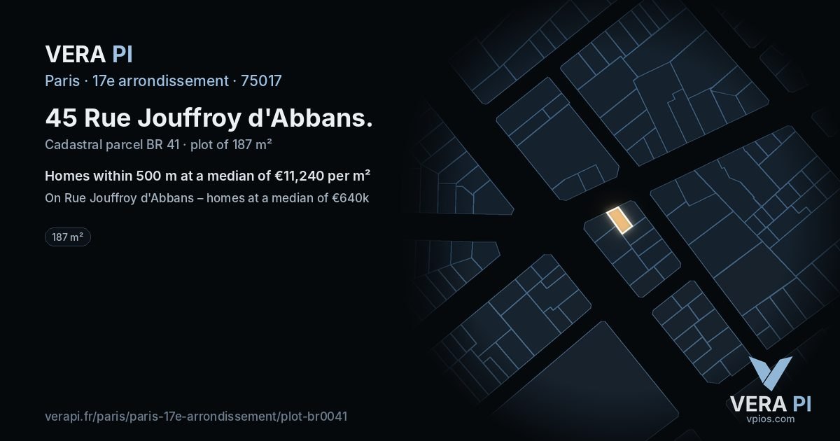 45 Rue Jouffroy d'Abbans, 17e arrondissement at night – the plot lit, the parcels around coloured by the prices near them