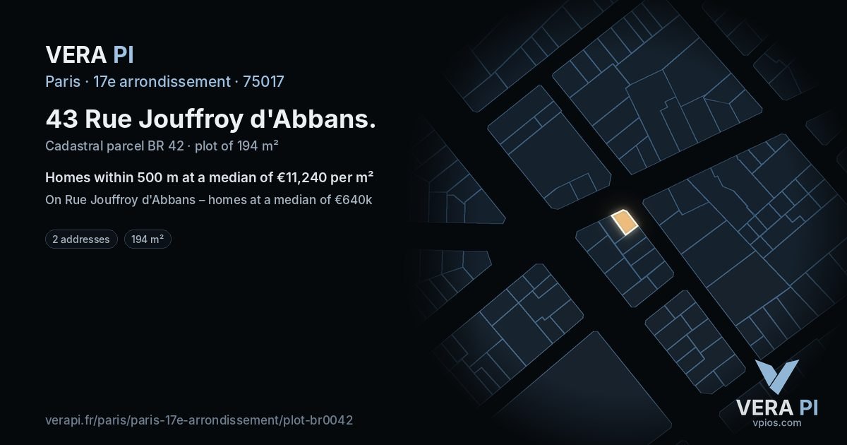 43 Rue Jouffroy d'Abbans, 17e arrondissement at night – the plot lit, the parcels around coloured by the prices near them