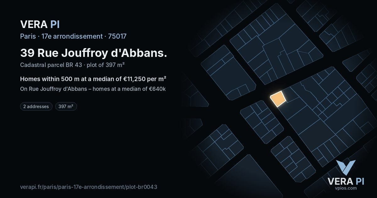 39 Rue Jouffroy d'Abbans, 17e arrondissement at night – the plot lit, the parcels around coloured by the prices near them