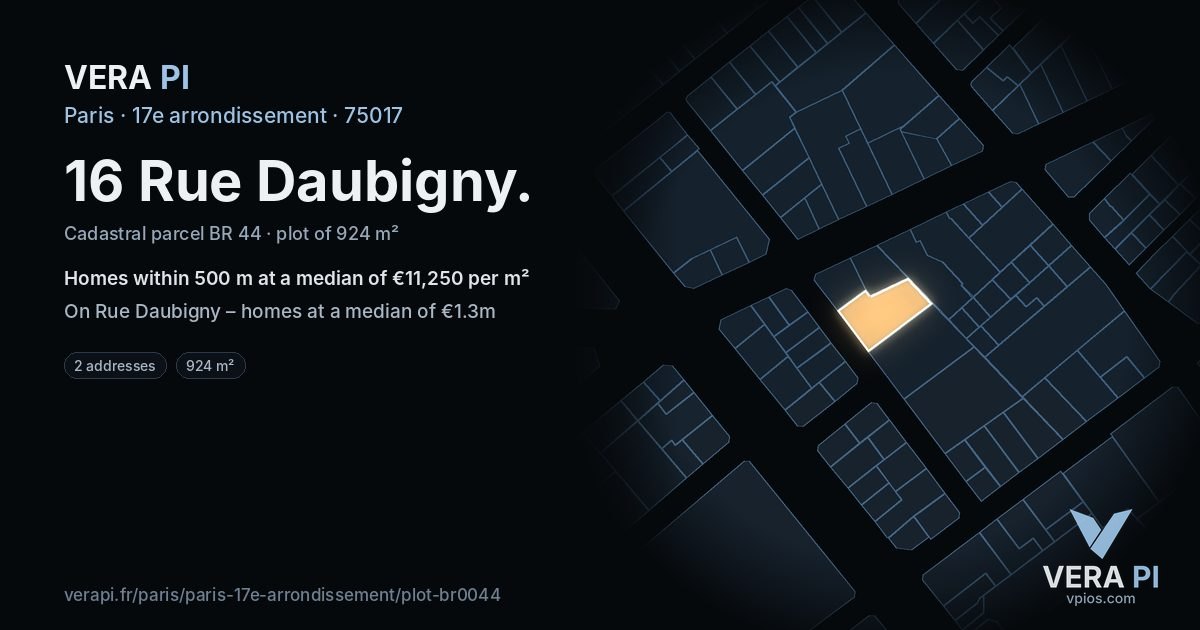 16 Rue Daubigny, 17e arrondissement at night – the plot lit, the parcels around coloured by the prices near them