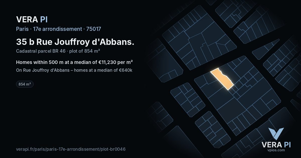35 b Rue Jouffroy d'Abbans, 17e arrondissement at night – the plot lit, the parcels around coloured by the prices near them
